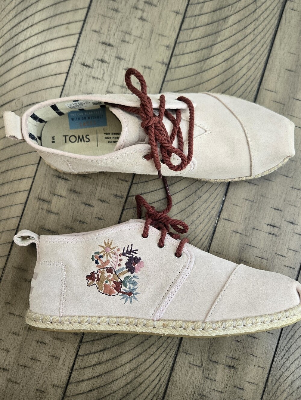TOMS Pink Suede Espadrille Sneakers with Embroidered Floral Detail